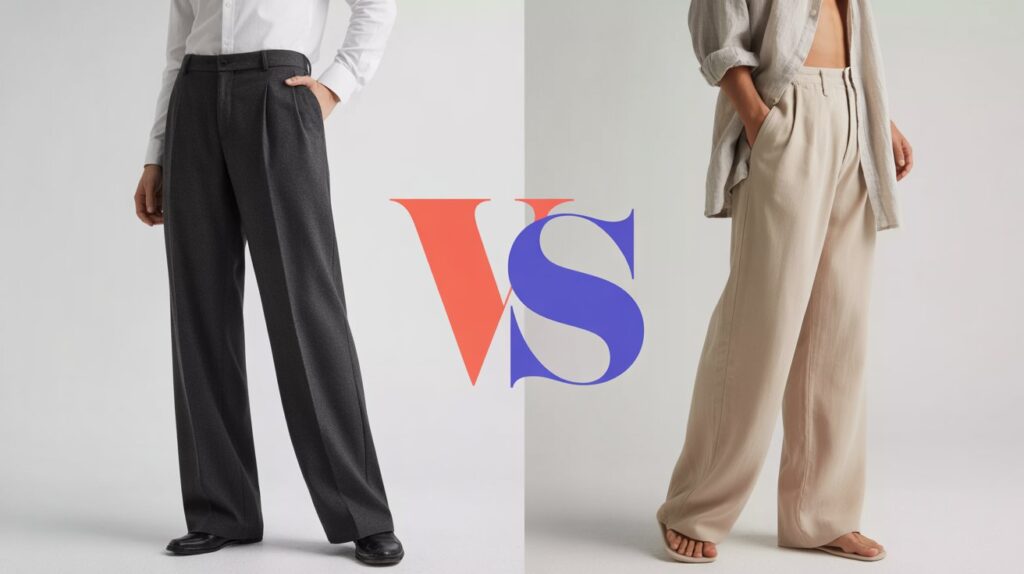 Detailed fashion comparison showing wool pants vs linen pants, with tailored wool trousers on one side and lightweight linen pants designed for breathable summer comfort on the other.