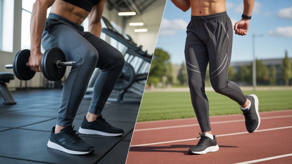 Side-by-side comparison of workout pants vs running pants for men, showing gym workout pants for weight training and lightweight running pants for outdoor track running.
