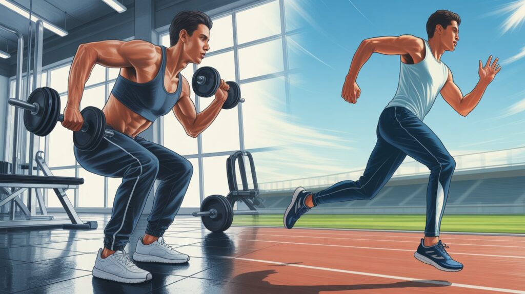 Illustration comparing workout pants vs running pants for men, showing gym workout pants for weight training and lightweight running pants for outdoor track running performance.