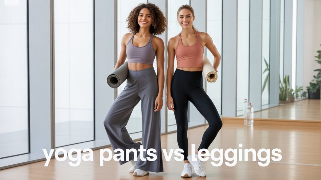 Two women in a fitness studio comparing yoga pants vs leggings, showing differences in fit, style, and activewear comfort.