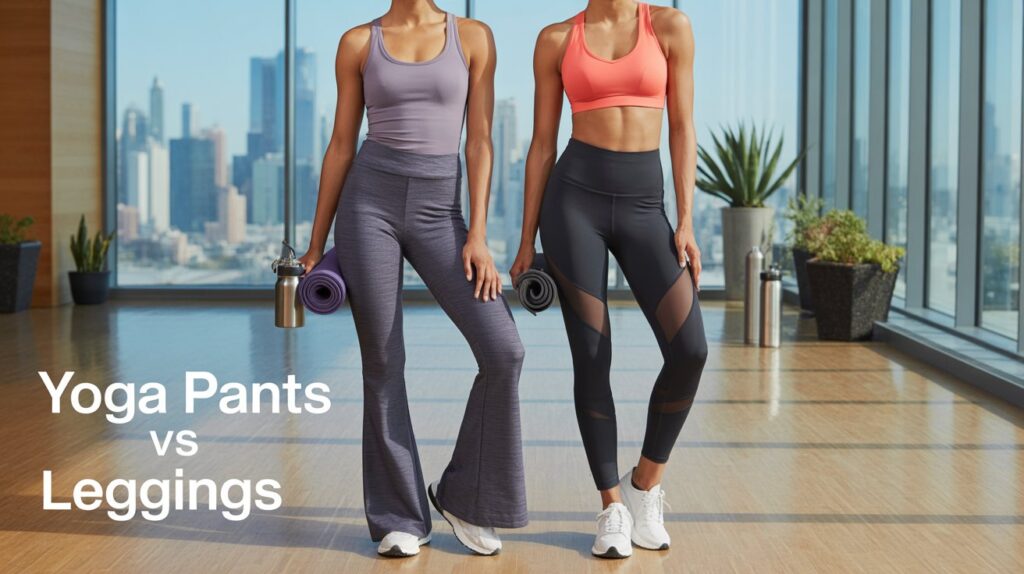 Two women standing side by side demonstrating yoga pants vs leggings, highlighting differences in fit, stretch, and comfort for exercise and activewear use.