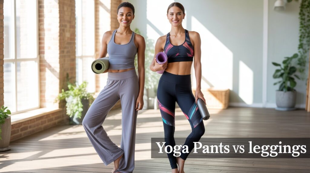 Two women in a fitness studio comparing yoga pants vs leggings, showing different styles, fits, and activewear designs.