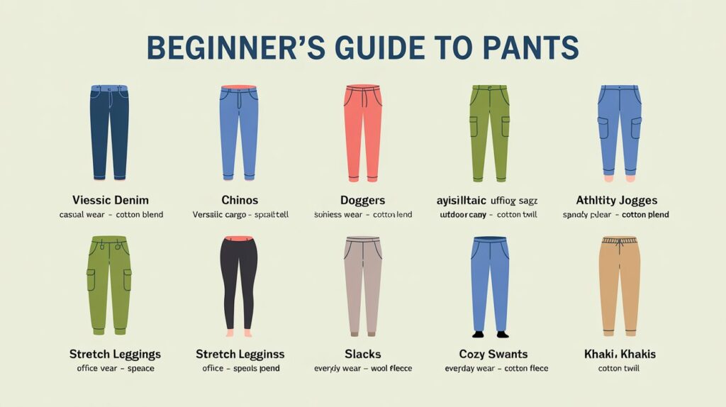 Beginner’s guide infographic showing denim, chinos, joggers, cargo pants, leggings, slacks, sweatpants, and khakis — types of pants explained for beginners in a simple visual layout