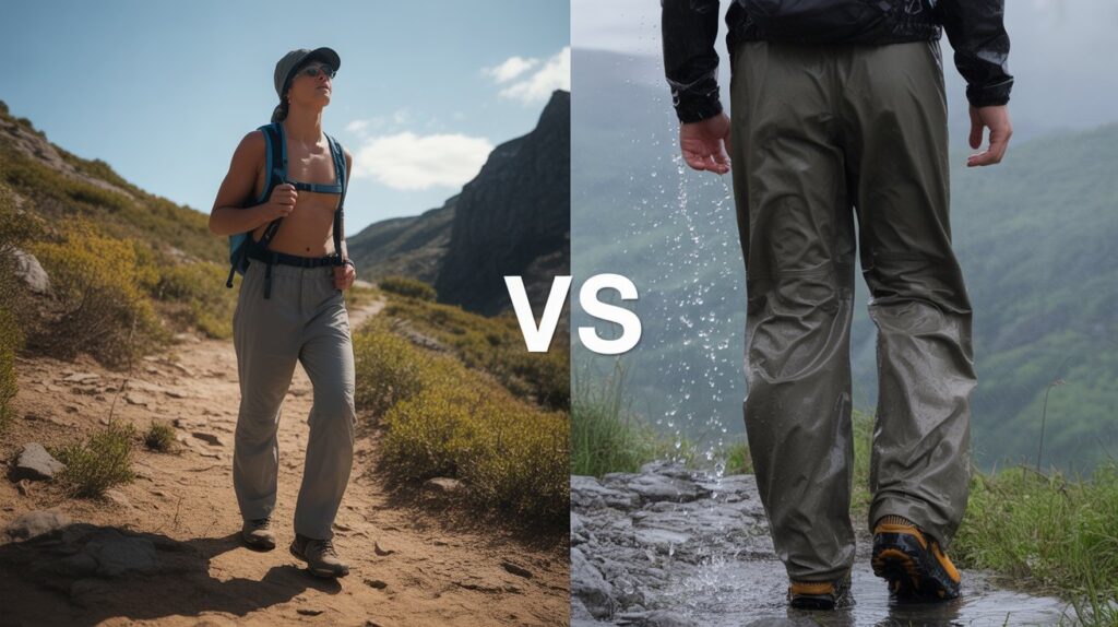 Hiker showing the best breathable pants vs waterproof pants comparison for dry trail hiking and wet weather protection