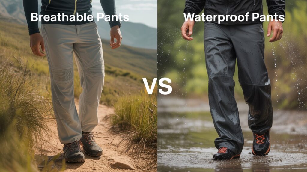 Outdoor comparison showing the best breathable pants vs waterproof pants for hiking comfort and rain protection