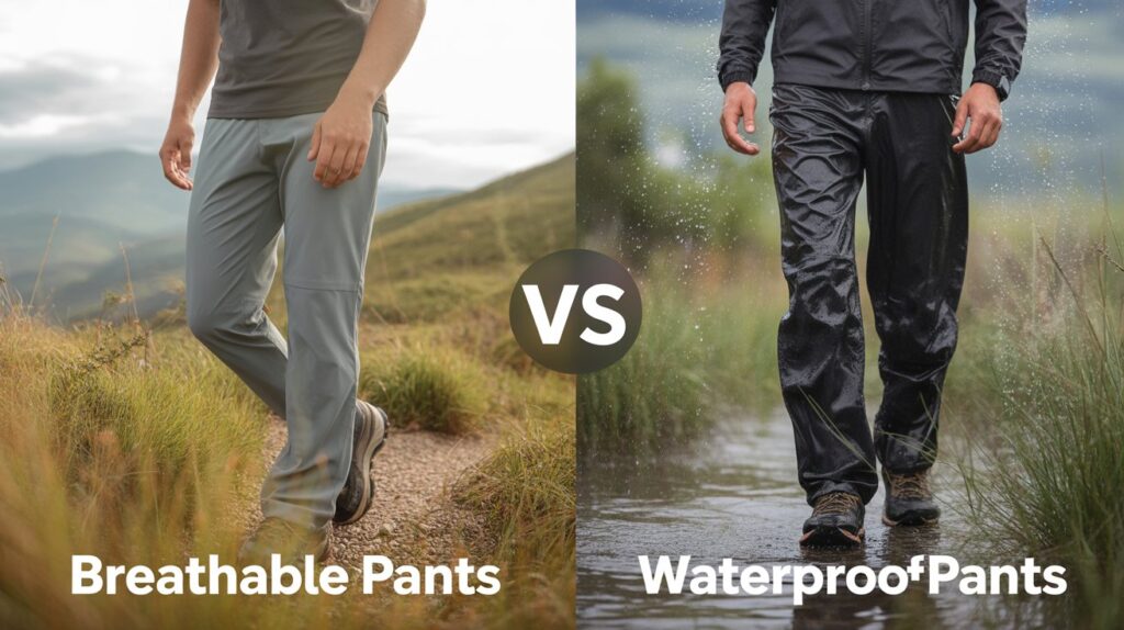 Side-by-side outdoor comparison showing the best breathable pants vs waterproof pants for hiking and rainy weather performance