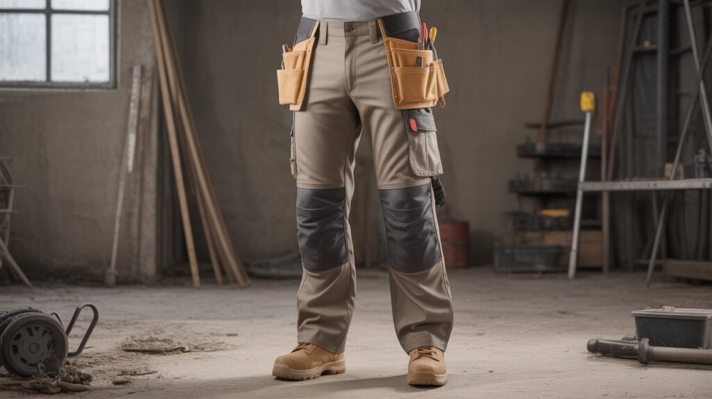 Worker wearing rugged trousers showcasing the best utility work pants for men, with reinforced knees, tool pockets, and durable workwear fabric