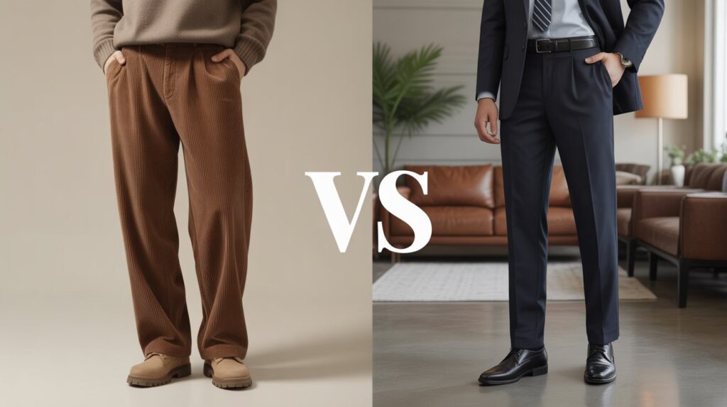 Visual comparison of corduroy pants vs dress pants showing casual corduroy trousers and formal tailored dress pants for different occasions and styling.