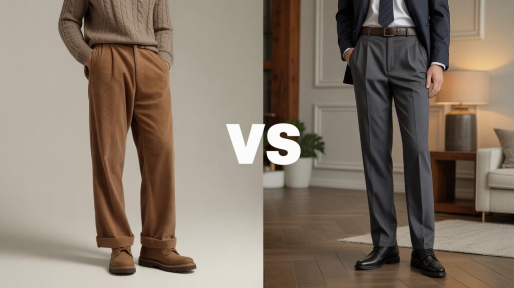 Side-by-side outfit showing corduroy pants vs dress pants with casual corduroy styling and formal tailored dress pants for different occasions.