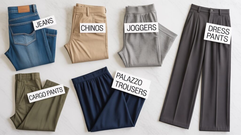 Flat lay image showing a different pant styles names list, featuring jeans, chinos, joggers, cargo pants, palazzo trousers, and dress pants neatly arranged