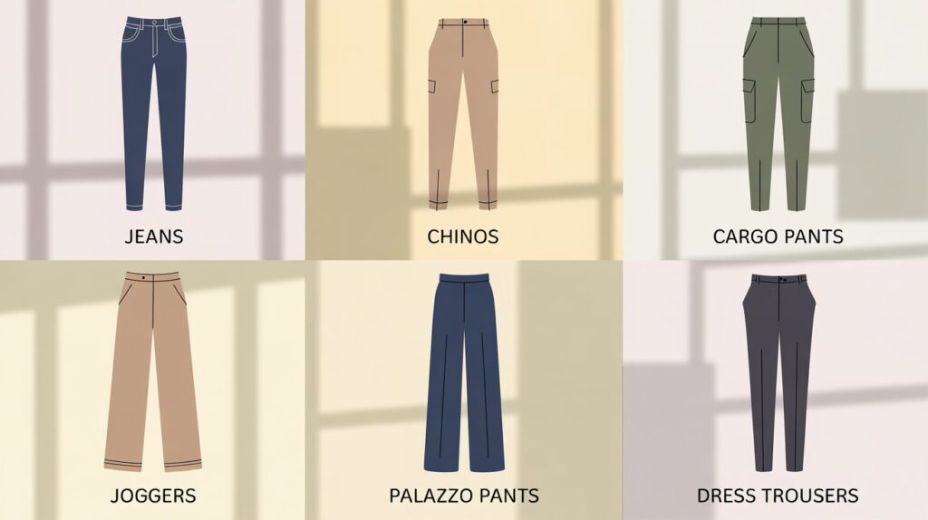 Infographic illustration showing a different pant styles names list, including jeans, chinos, cargo pants, joggers, palazzo pants, and dress trousers