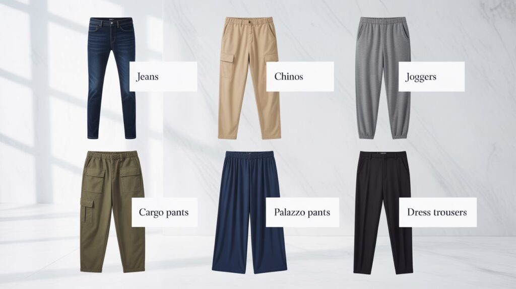 Modern visual guide showing a different pant styles names list, including jeans, chinos, joggers, cargo pants, palazzo pants, and dress trousers