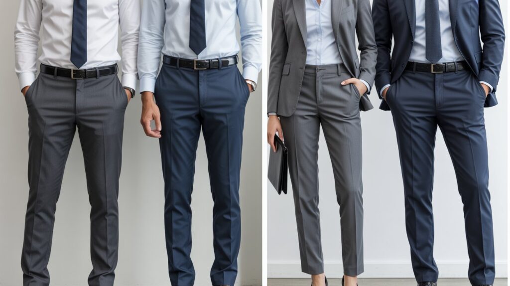 Dress pants vs suit pants what's the difference shown in a close-up comparison of men and women wearing dress pants on one side and tailored suit pants with matching blazers on the other.