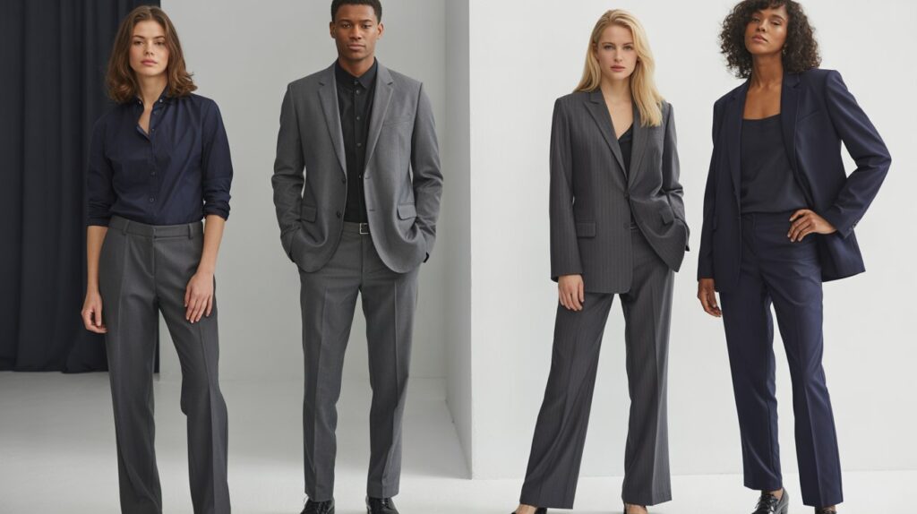 Dress pants vs suit pants what's the difference shown with men and women wearing dress pants styled for office wear on one side and full suit pants with matching jackets on the other side in a fashion comparison image.