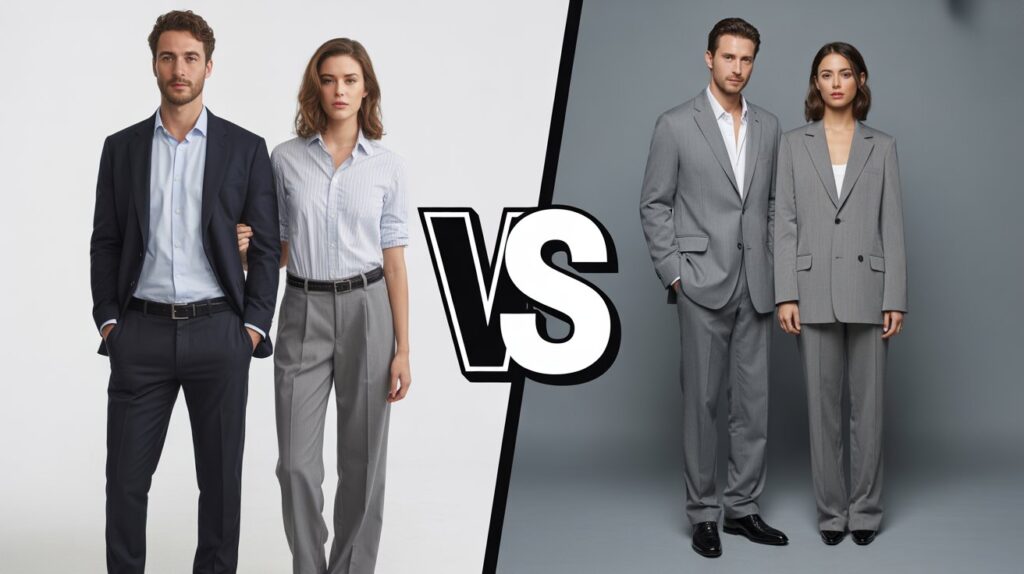 Dress pants vs suit pants what's the difference shown in a split-screen fashion image with men and women wearing dress pants on one side and matching suit pants with full suits on the other side with a VS in the center.