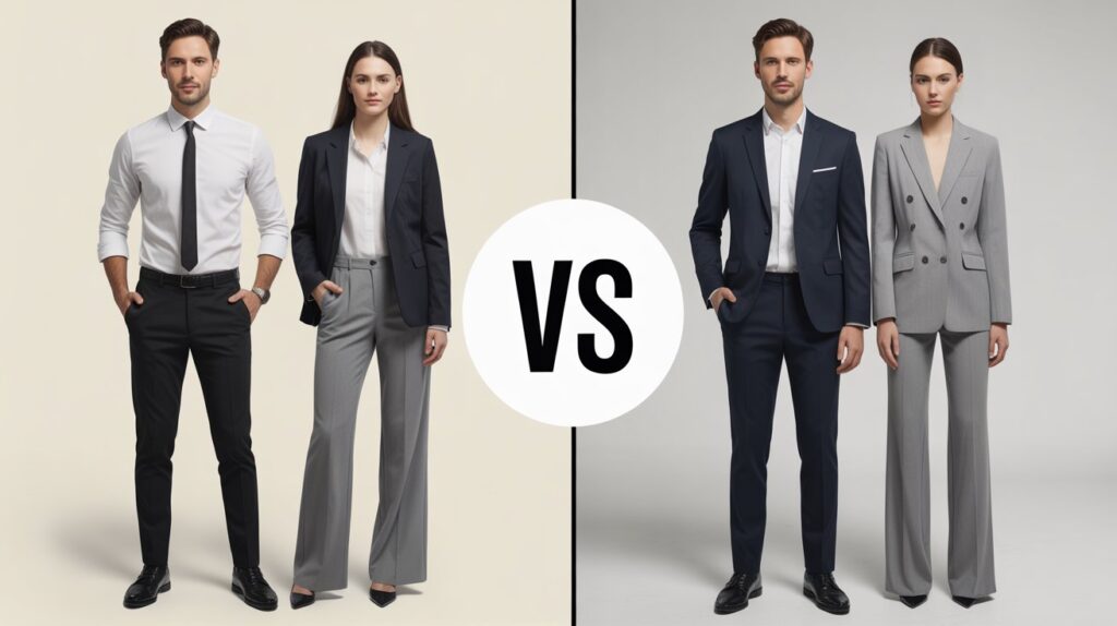 Dress pants vs suit pants what's the difference shown in a split-screen image with men and women wearing dress pants on one side and full suit pants with matching jackets on the other with a VS in the center.