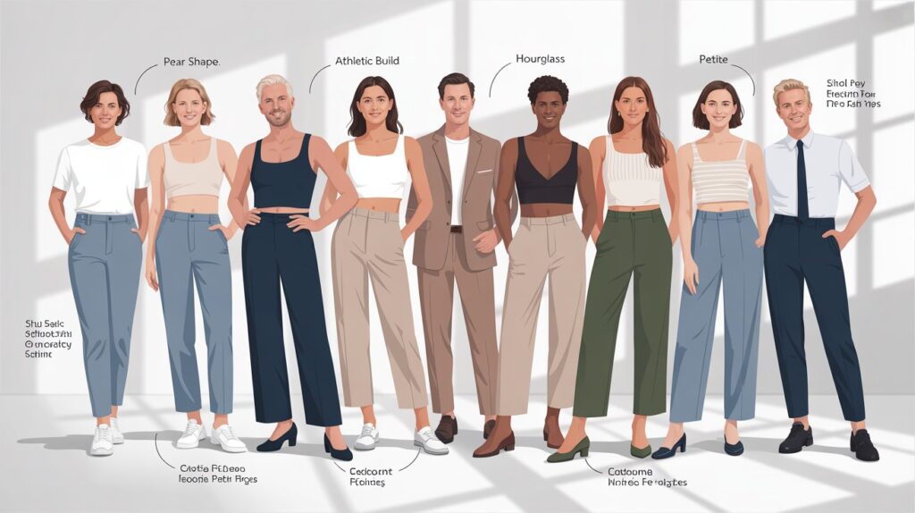 Inclusive fashion illustration explaining how to choose the right pants for body type, showing pear, athletic, hourglass, petite, and tall body shapes with suitable pant fits