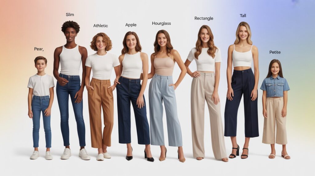 Fashion guide illustration explaining how to choose the right pants for body type, showing slim, pear, athletic, apple, hourglass, rectangle, tall, and petite body shapes