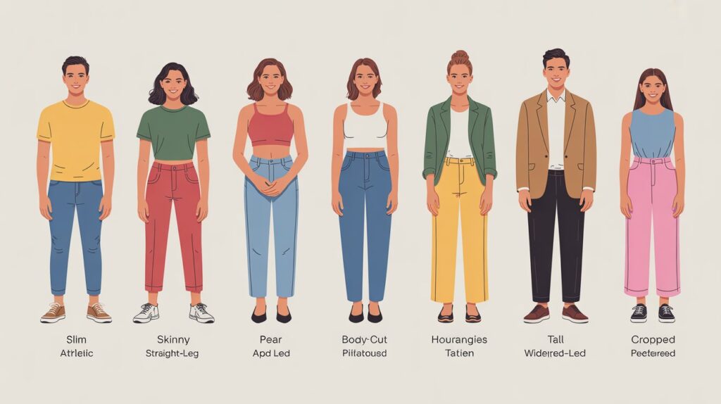 Illustration explaining how to choose the right pants for body type by showing different body shapes and suitable pant styles for each figure
