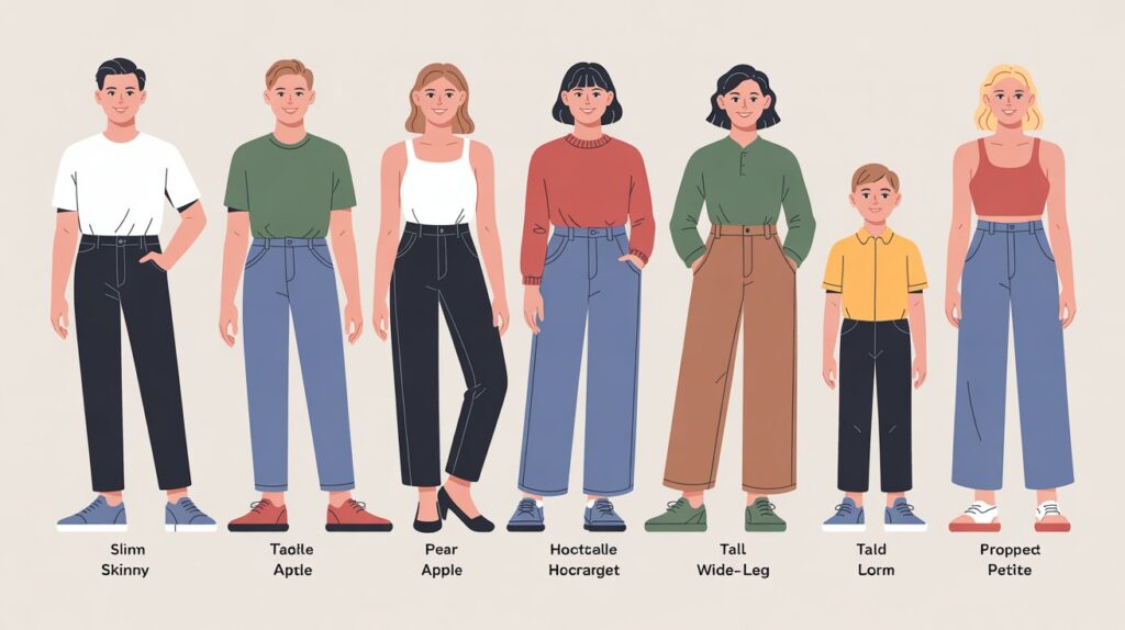 Illustrated fashion guide showing how to choose the right pants for body type, featuring slim, apple, pear, hourglass, tall, wide-leg, and petite body shapes