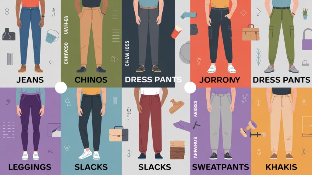 Comparison infographic showing jeans, chinos, dress pants, joggers, leggings, slacks, sweatpants, and khakis — types of pants explained for beginners with clear visual categories