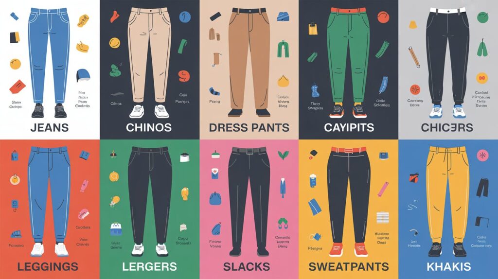 Infographic showing jeans, chinos, dress pants, cargo pants, leggings, slacks, sweatpants, and khakis — types of pants explained for beginners with a clear visual comparison
