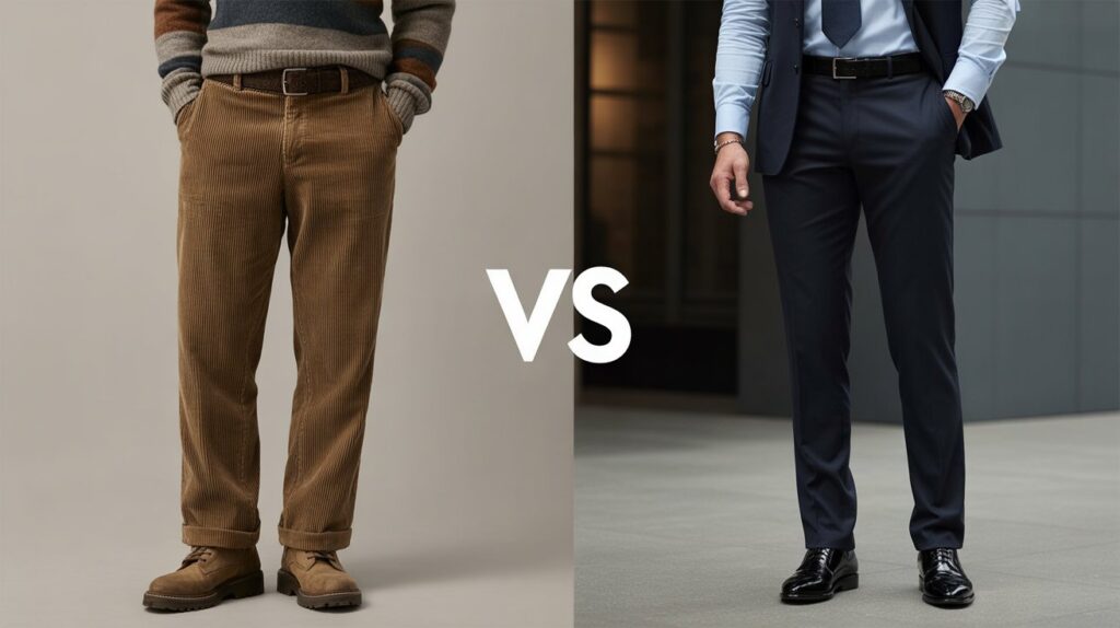 Side-by-side comparison of men’s outfits showing wool pants vs linen pants for style, comfort, and seasonal wear
