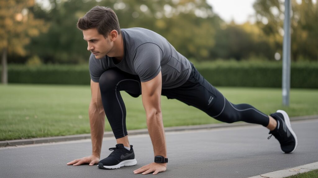 A high-quality lifestyle image showing a fit man doing a stretching exercise outdoors while wearing modern athletic compression pants. The image highlights flexibility, muscle support, and performance wear suitable for gym training, running, and fitness activities.
