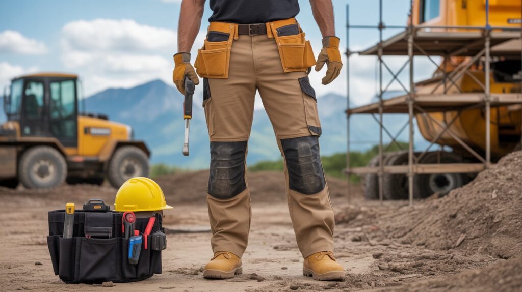 Worker wearing the Best construction pants for Men with reinforced knees and tool pockets designed for durability and comfort on construction sites.