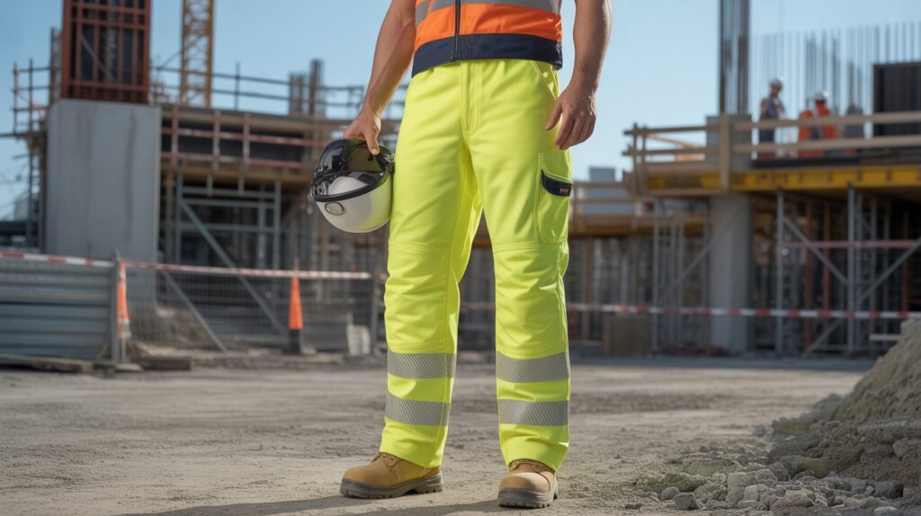 Worker wearing the Best Hi-Vis Work Pants for Men with reflective safety strips on a construction site