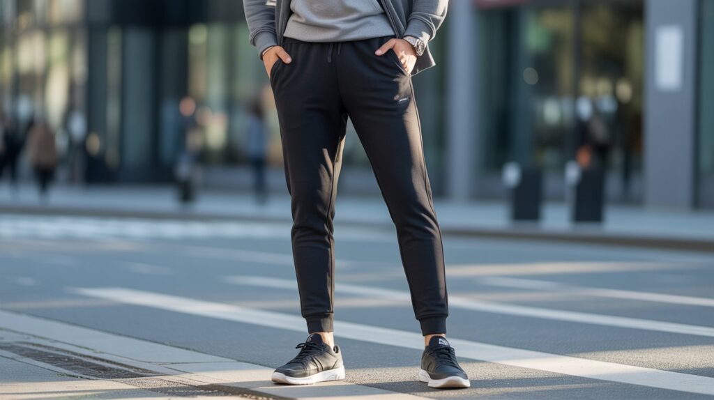 Man wearing black athletic joggers demonstrating the best joggers pants for men with a slim tapered fit and modern streetwear style.