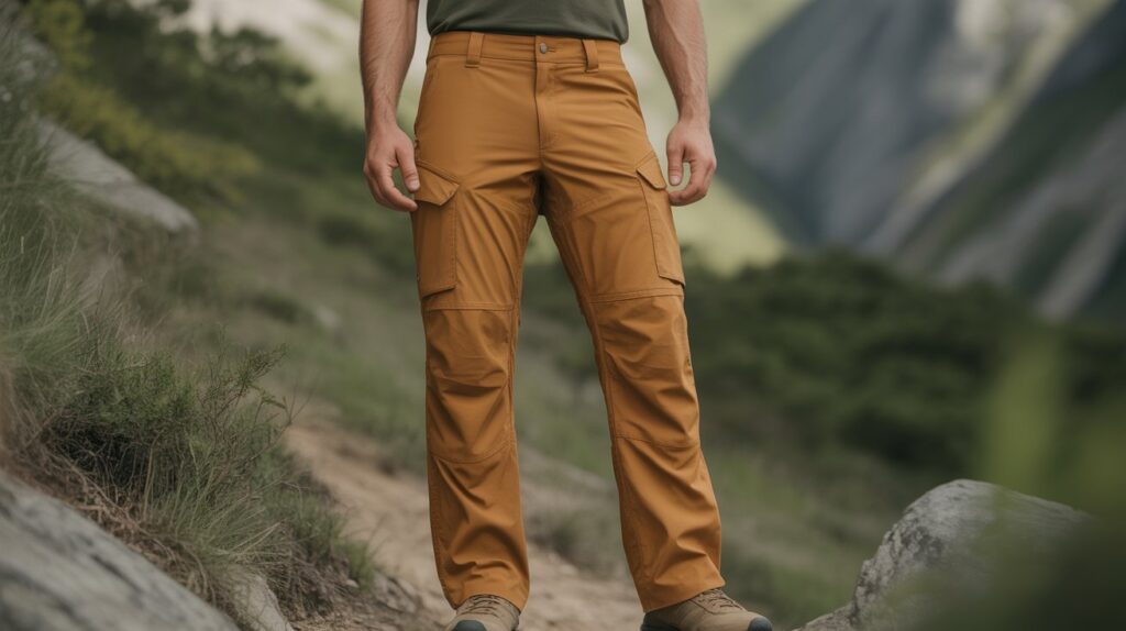Man wearing the best ripstop pants for men with cargo pockets and durable fabric in a mountain hiking setting
