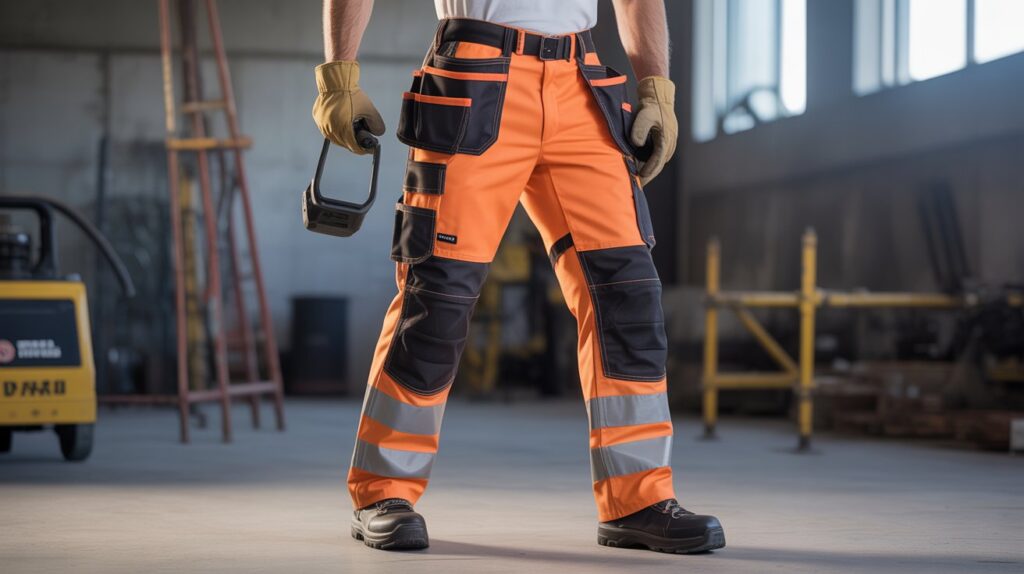 Worker wearing the best Safety Pants Pants for men with reflective strips and reinforced knees in an industrial workplace