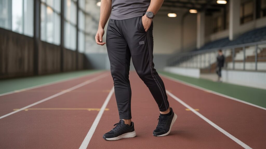 Man wearing the Best track pants for Men while walking on an indoor running track, showcasing stylish and comfortable athletic wear