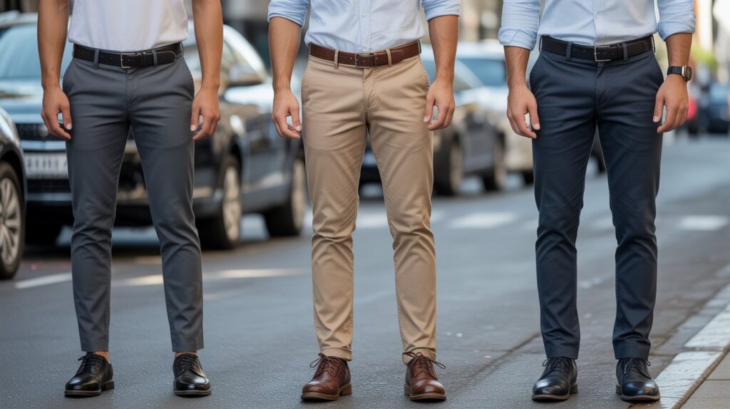 Example showing how pants should fit properly on men, highlighting correct waist fit, leg taper, and ideal length for a clean and stylish appearance.