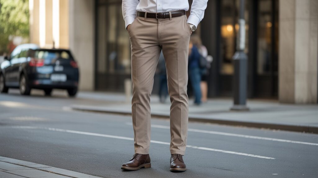 Example of how pants should fit properly on men, showing correct waist fit, slim leg taper, and ideal pant length for a polished and comfortable look.