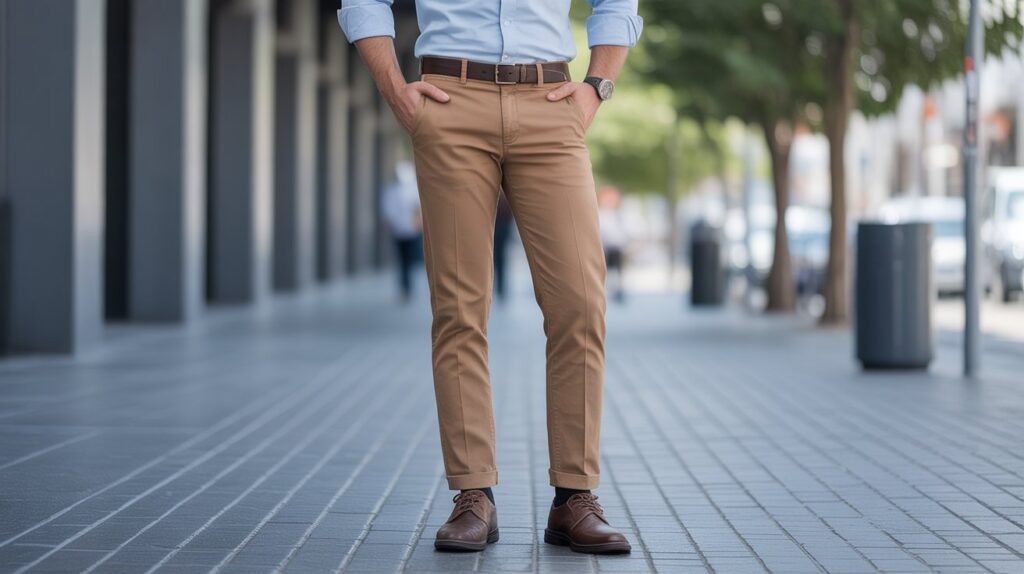 Man wearing slim trousers demonstrating how pants should fit properly with correct waist fit, tapered legs, and ideal length for a modern stylish look.