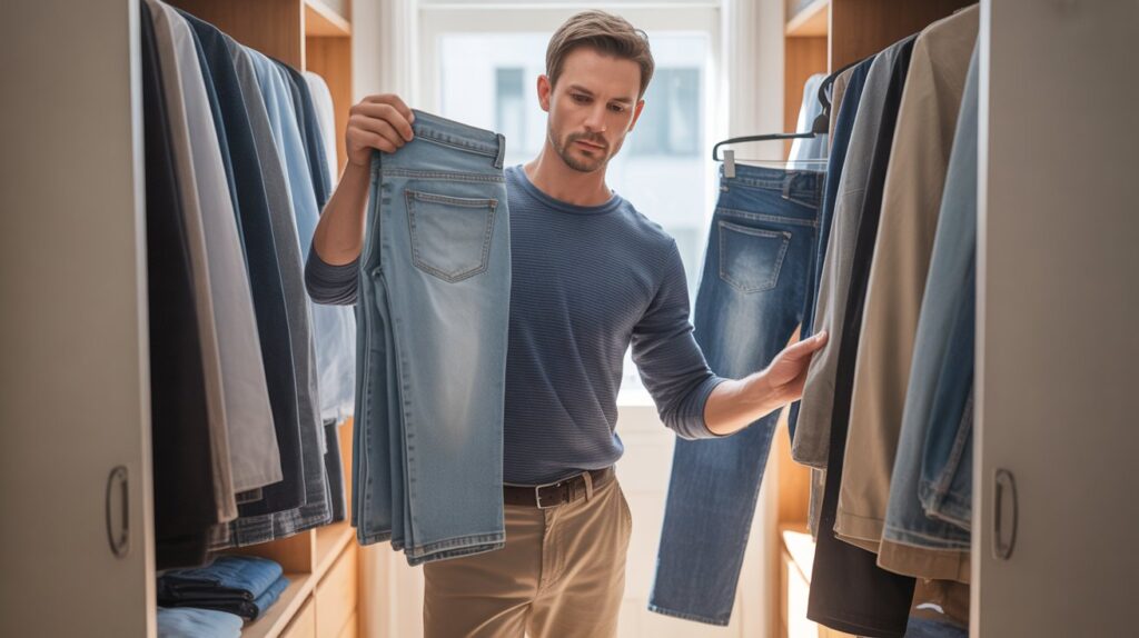 Man comparing different jeans in wardrobe to understand how to buy pants online correctly by checking fit, style, and size before purchasing.