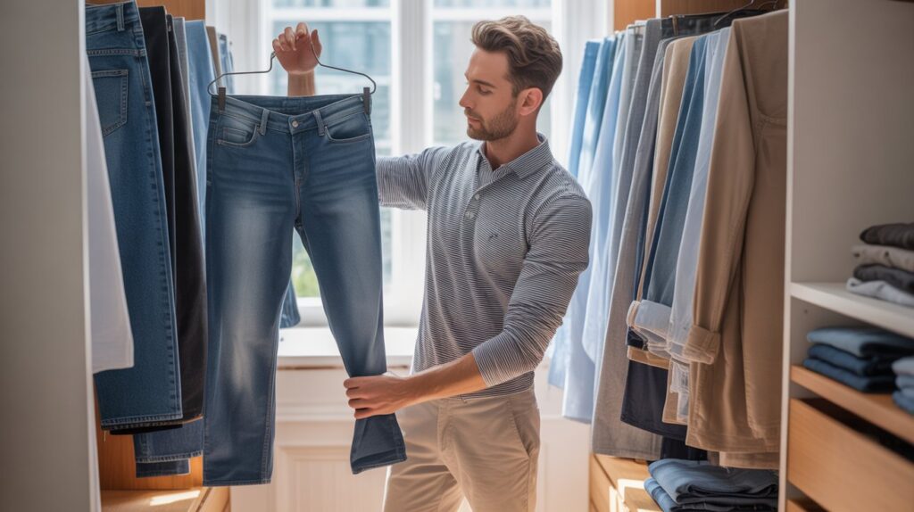 Man checking jeans fit from wardrobe to learn how to buy pants online correctly by comparing styles and understanding proper sizing before purchase.