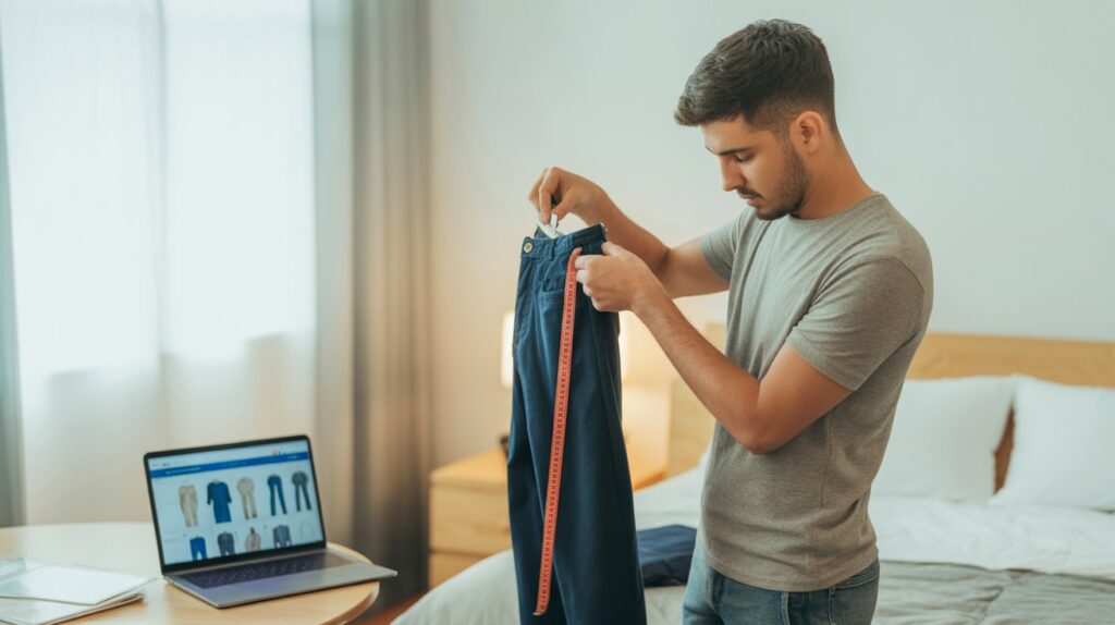 Man measuring pants with a tape measure at home while shopping online, demonstrating how to buy pants online correctly by checking size and fit before purchase.