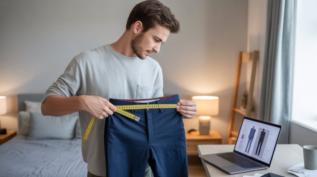 Man measuring the waist of his trousers with a tape measure while shopping online, demonstrating how to buy pants online correctly by checking accurate measurements before purchase.