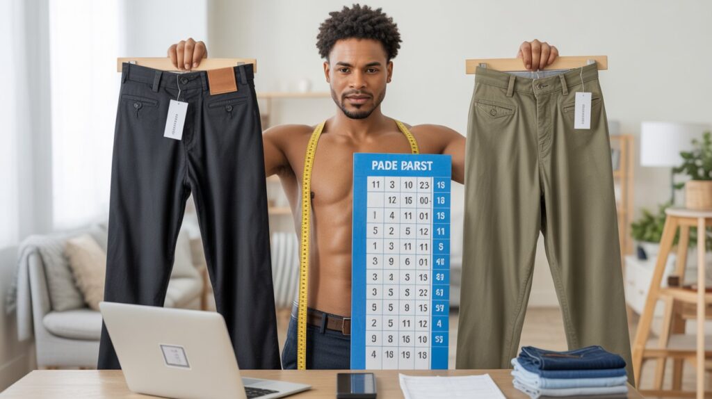 Man comparing two trousers with a size chart and measuring tape showing how to buy pants online correctly by checking measurements and fit before purchasing.