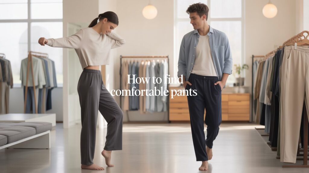 How to find comfortable pants by testing stretch, fit, and flexibility while trying on pants in a clothing store.