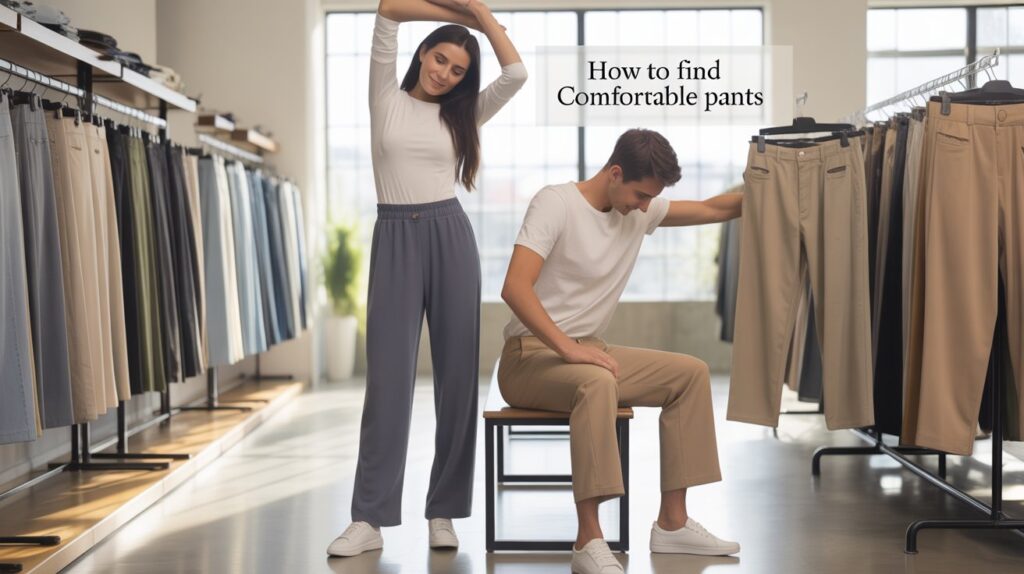 How to find comfortable pants by testing fit, flexibility, and fabric in a clothing store.
