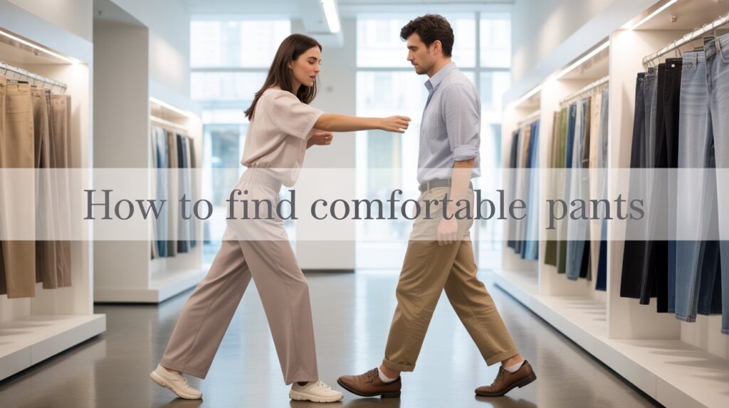 Stylist helping a customer try pants in a clothing store demonstrating how to find comfortable pants with the right fit and style