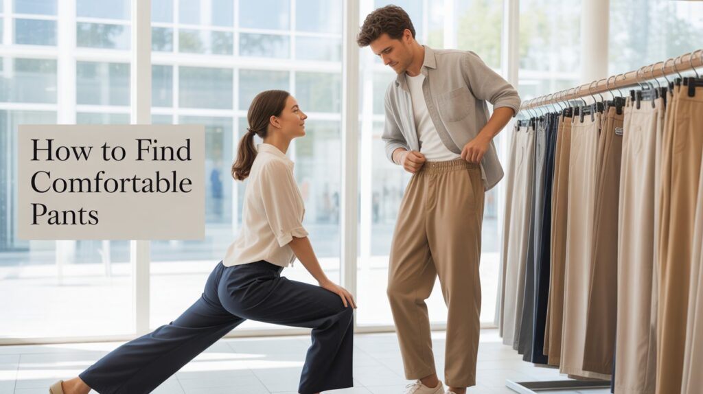 How to find comfortable pants by testing movement, stretch, and fit while trying on pants in a clothing store.