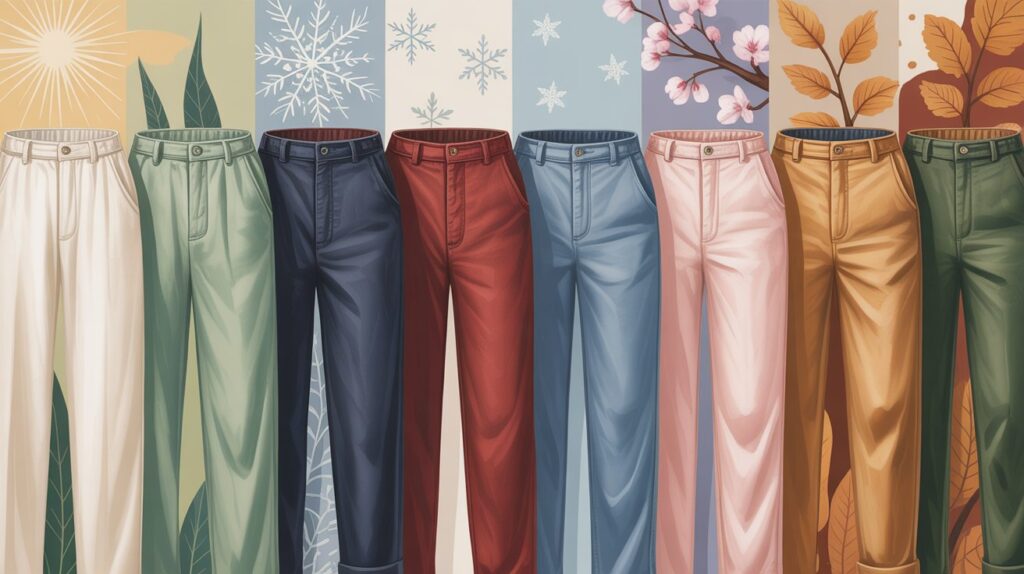 Colorful pants collection displayed with seasonal backgrounds, representing a pants fabric guide for all seasons including summer, spring, fall, and winter materials.