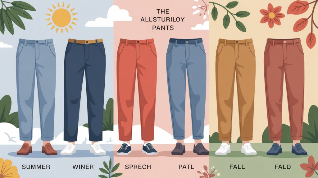 Illustrated pants fabric guide for all seasons showing seasonal pants styles and fabric choices suitable for year-round wear
