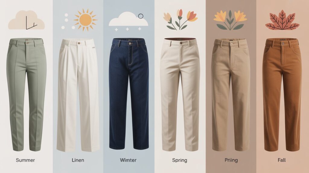 Visual pants fabric guide for all seasons showing different seasonal pants materials for men including summer, linen, winter, spring, and fall styles