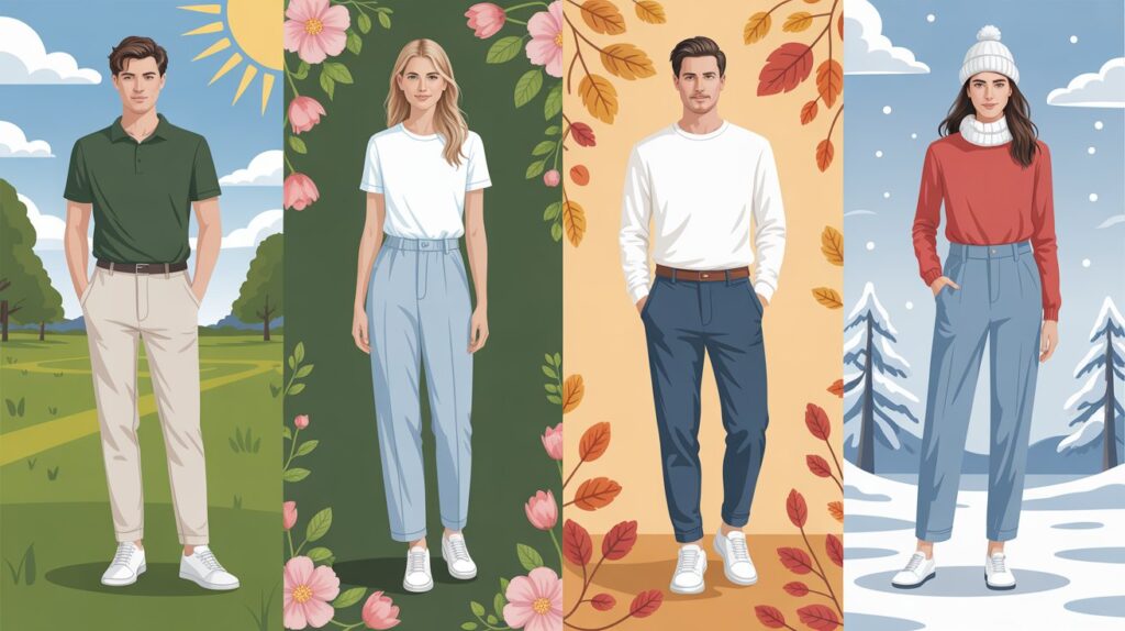 Illustration from a pants fabric guide for all seasons showing men’s and women’s pants styled for summer, spring, fall, and winter with season-specific fabrics and backgrounds.